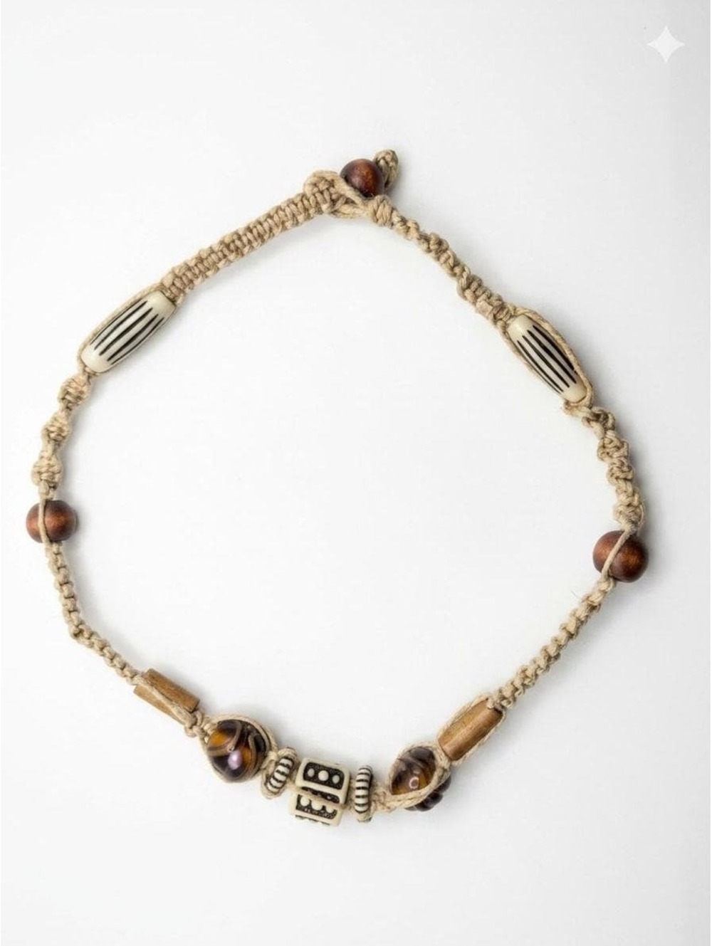 Boho Macrame Hemp Necklace with Vintage Wood and Swirl Glass Beads